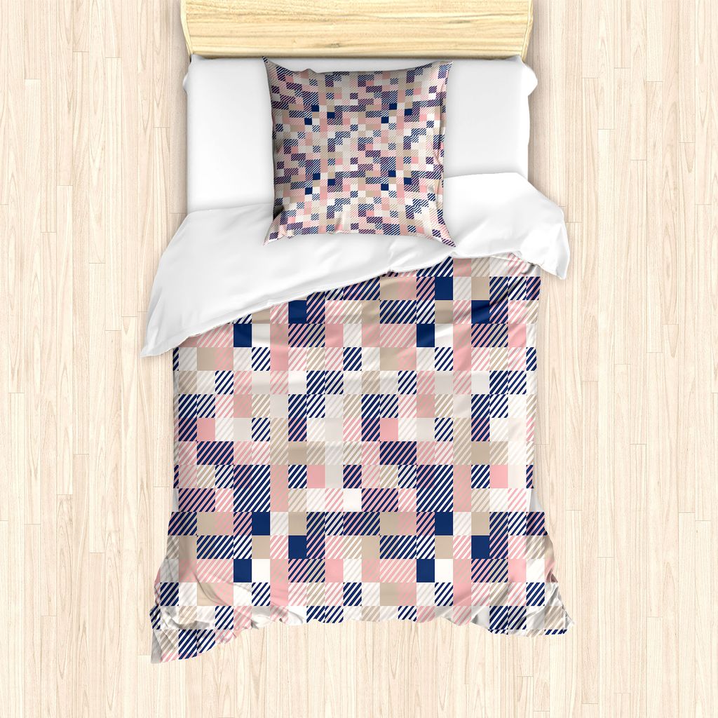 ABAKUHAUS Geometrisch Bettbezug Set für Einzelbetten, Schräg gestreifte Quadrate, Milbensicher Allergiker geeignet mit Kissenbezug, 135 cm x 200 ...