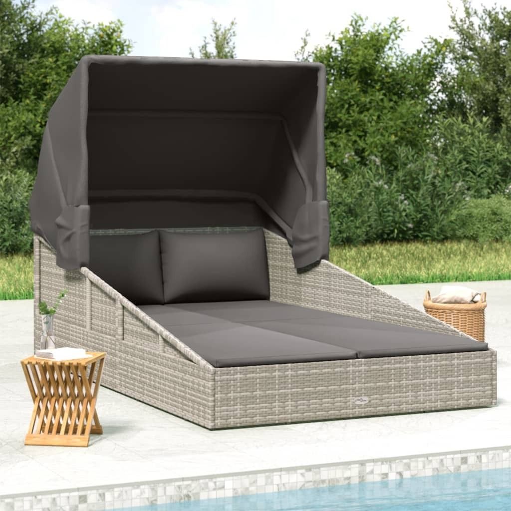 The Living Store Sonnenliege mit Faltdach Grau 200x114x128 cm Poly Rattan