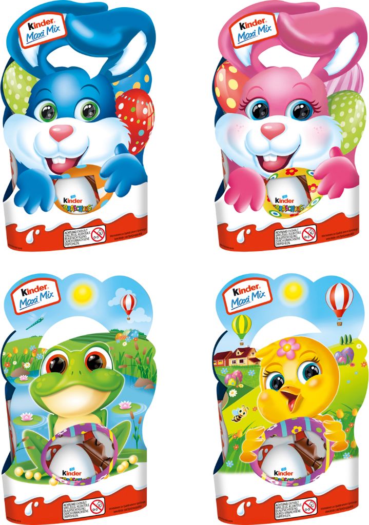 Four different Kinder Maxi Mix Easter themed products arranged in a 2x2 grid.