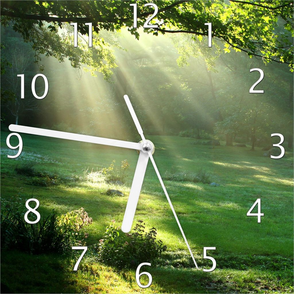 Wallario Design Wanduhr Sonnenstrahlen im Wald aus Echtglas, Größe 20 x 20 cm