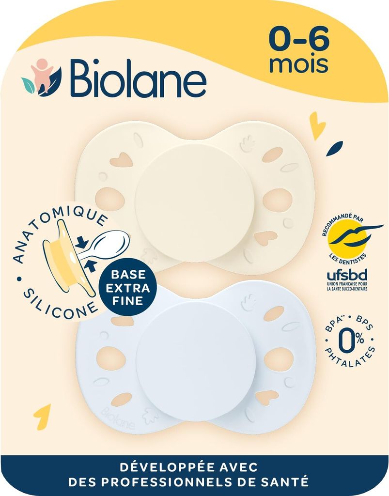 BIOLANE - Anatomisch geformter Sauger - extra dünner Schnuller - 0-6 Monate - blau und beige - flacher und wendbarer Nippel - optimaler Komfort - ...