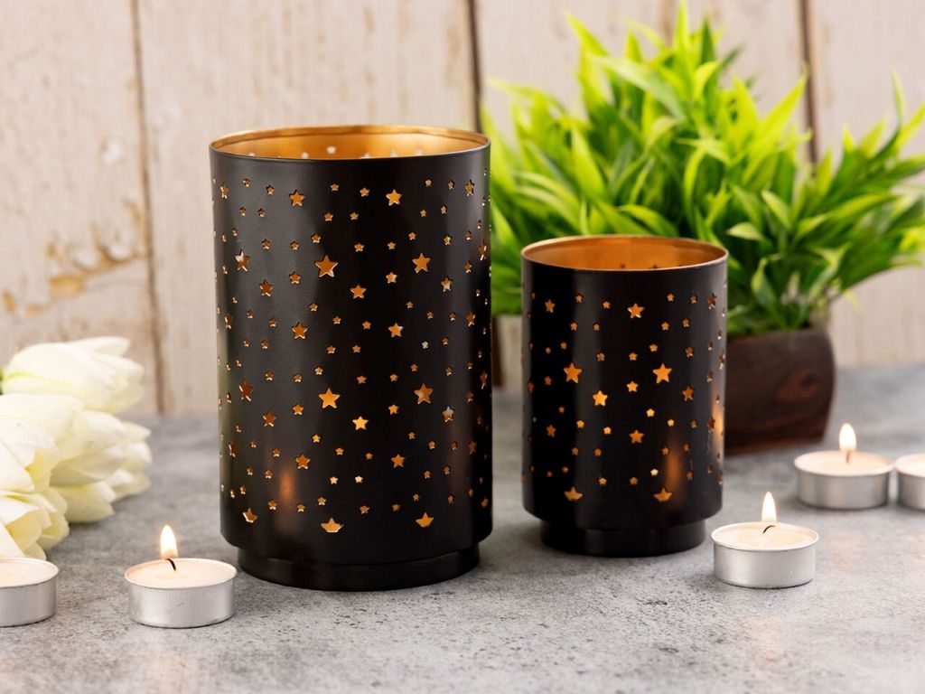 Soma Teelichthalter 2er Set Kerzenständer Sternenhimmel Kerzenhalter rund schwarz gold