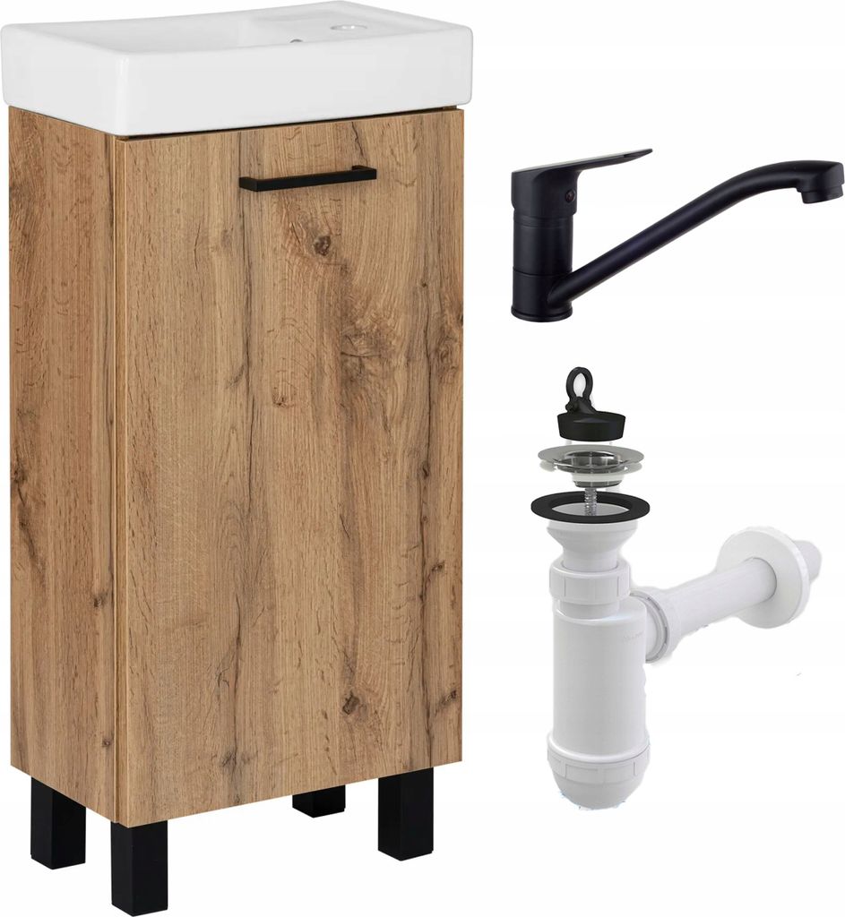 A bathroom vanity cabinet with a sink, faucet, and drain assembly shown separately.