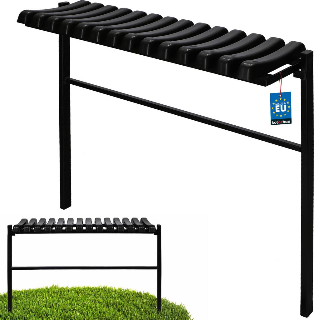 A black metal bench with a curved, slatted top, shown in two configurations: one as a standalone bench on grass, and another as a larger structure with a canopy, supported by black metal legs. A small blue tag with 'EU' and 'kotarbau' is attached to the la