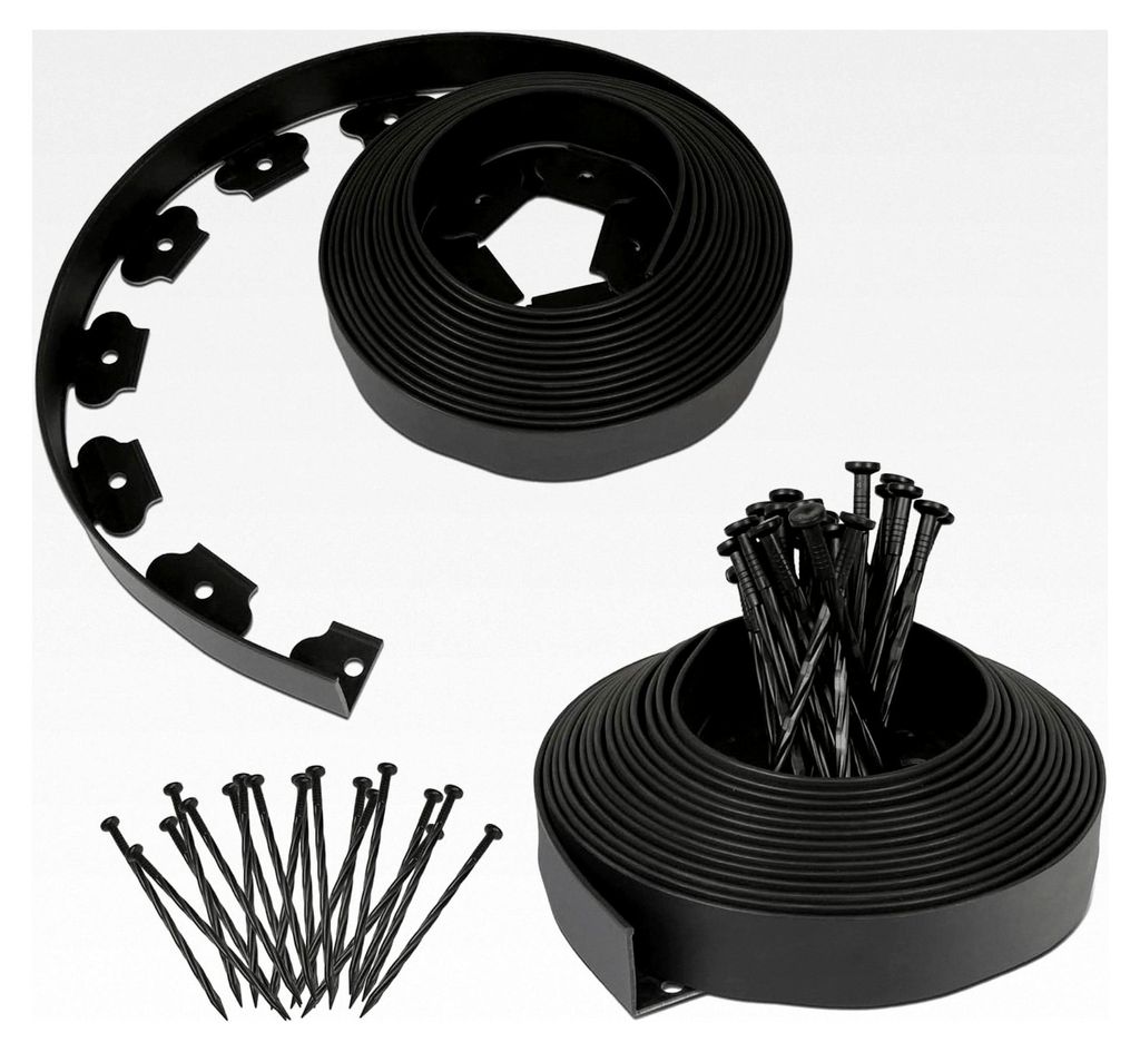 Flexible Rasenkante aus Kunststoff mit 60 Befestigungspunkten zur Verankerung, Länge 20m, Höhe 5cm, Beeteinfassung mit Wurzelsperre