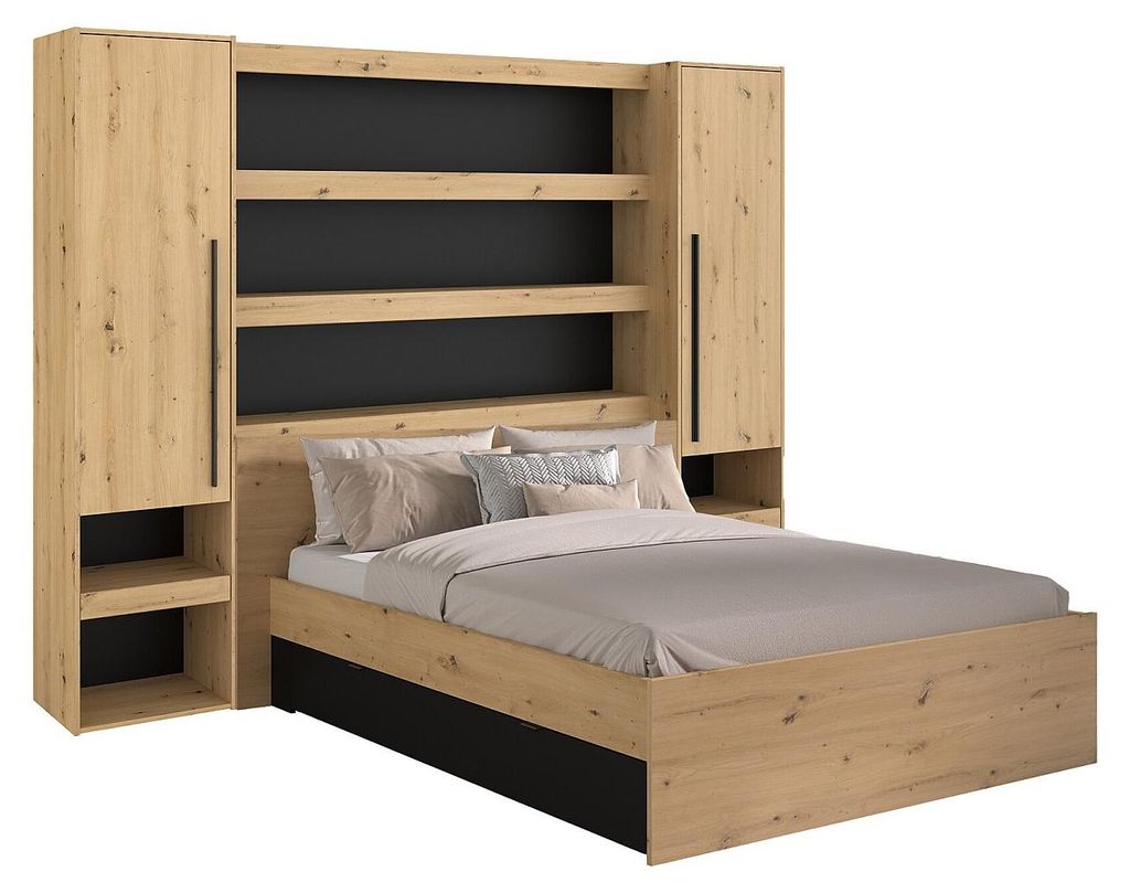 Bett mit Stauraum & LEDs - 140 x 190/200 cm - Holzfarben & Schwarz - VARLY