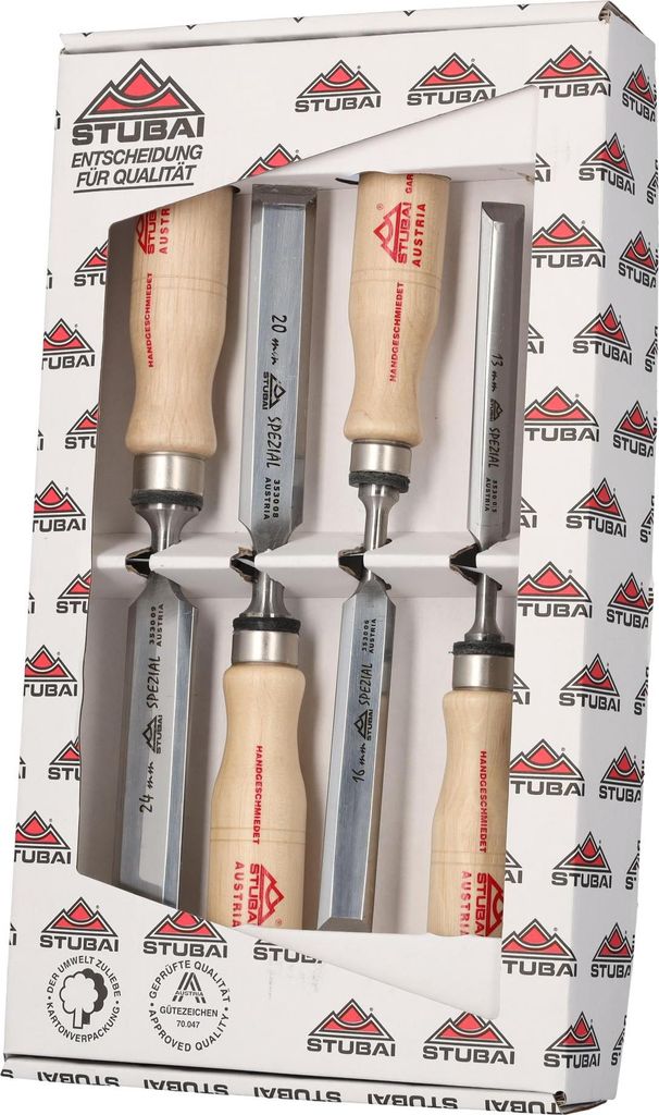 STUBAI 3531 Spezial Stemmeisensatz Stechbeitel Set mit Holzgriff aus Weißbuche, schwedische Form, 4-teiliges Set (13, 16, 20, 24 mm), Stemmeisen z...