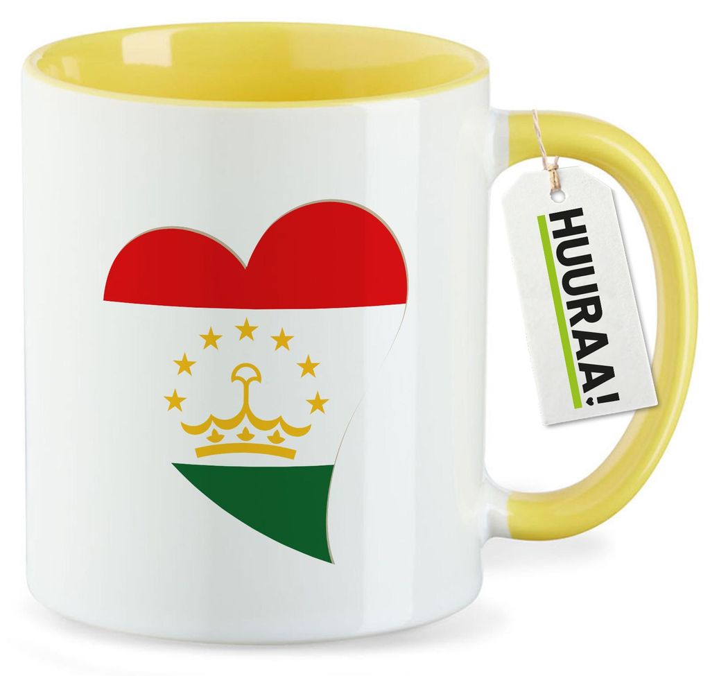 Huuraa Kaffeetasse Tadschikistan Flagge Herz 330ml Gelb Keramik Kaffeebecher Geschenkidee