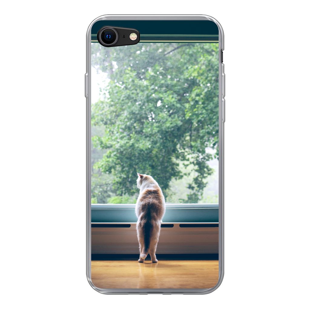 MuchoWow Handyhülle Schutzhülle Hülle für iPhone SE 2020 Katze - Fenster - Pflanzen Silikon Softcase Handy Hülle - Kartenbesitzer