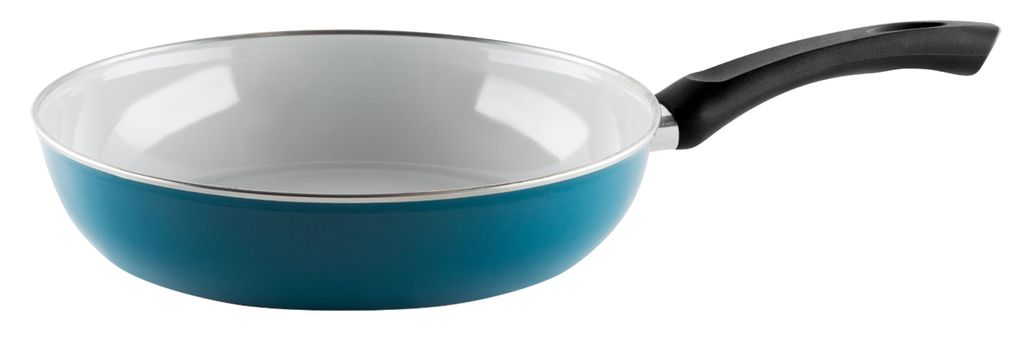 A teal frying pan with a black handle is shown against a white background.