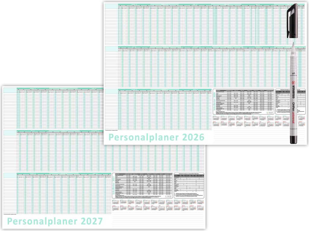 Urlaubsplaner/Personalplaner 2026 + 2027 nass abwischbar mit Folienkaschierung plus Folienstift - DIN B1 Format (700 x 500mm) 22 Mitarbeiter Januar...