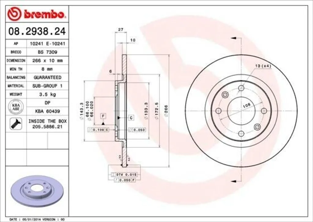 Disque de frein BREMBO 08.2938.24 pour Peugeot 405 II - Qualité OE 4246A9