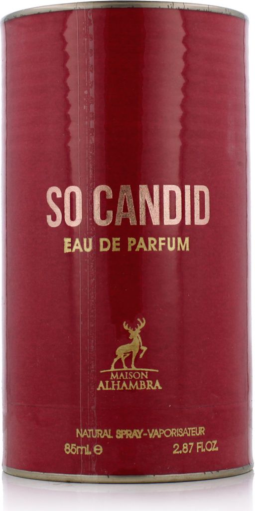 A close-up studio shot of a red perfume bottle with gold lettering.