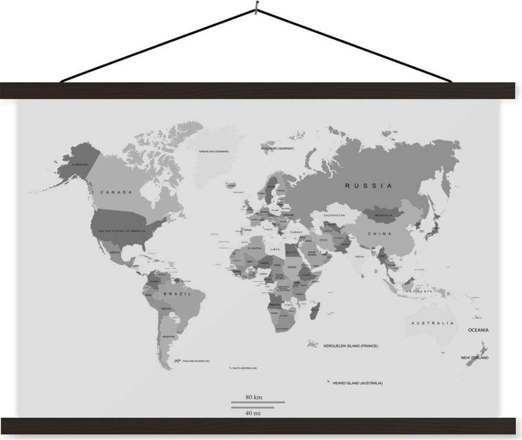 MuchoWow Textilposter Weltkarte auf hellgrauem Hintergrund - schwarz und weiß 60x40 cm mit schwarzem Rahmen - Hölzernes