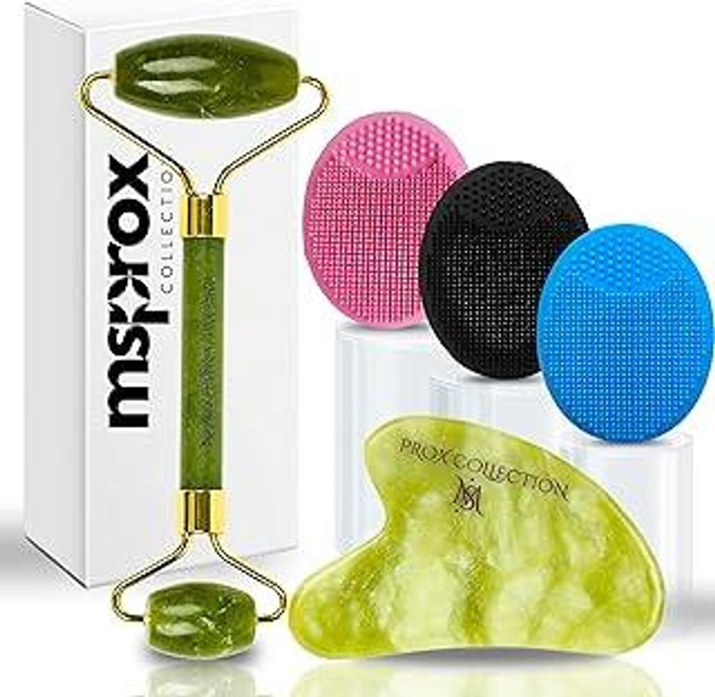 Gua Sha & Jade Roller Set mit 3 Silikon Gesichtsreinigungsbürsten – Natürliches Jade Massagegerät für Lymphdrainage, Anti-Aging & Hautstraffu...