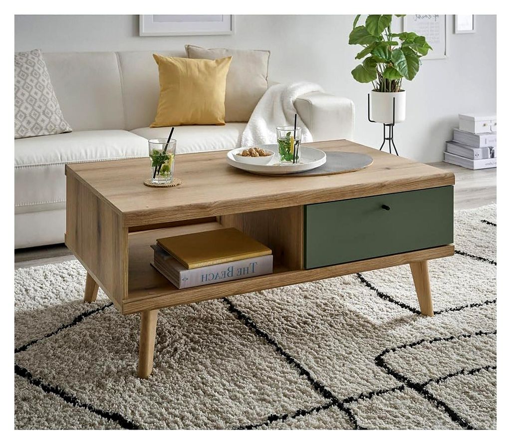 Couchtisch für das Wohnzimmer in Eiche mit grünem Akzent