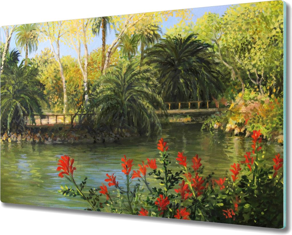 Coloray Hackbrett Herdabdeckplatte 80x52 cm Küchenbrett Kochplattenabdeckung Schneidebrett - Wald-Fluss-Brücke