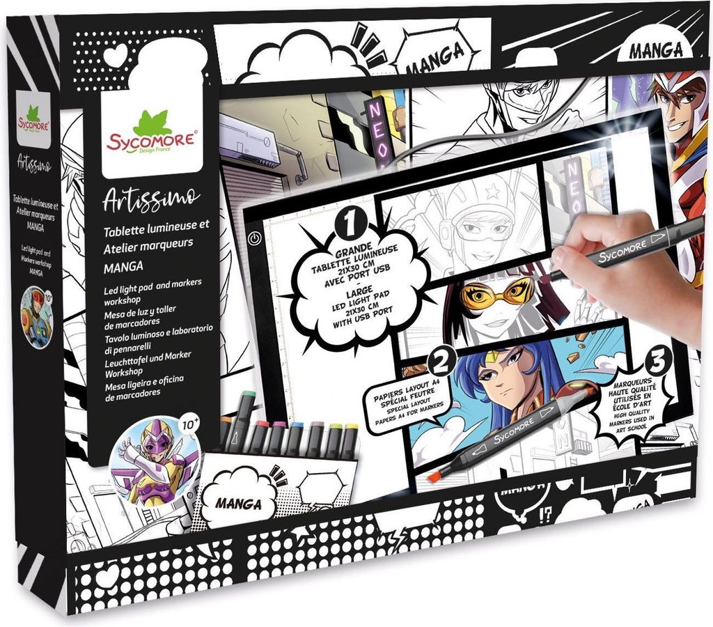 Leuchttablett XXL, Alkoholmarker Set, Sycomore Artissimo Manga, Inklusive Layout Papiere, Ab 10 Jahren