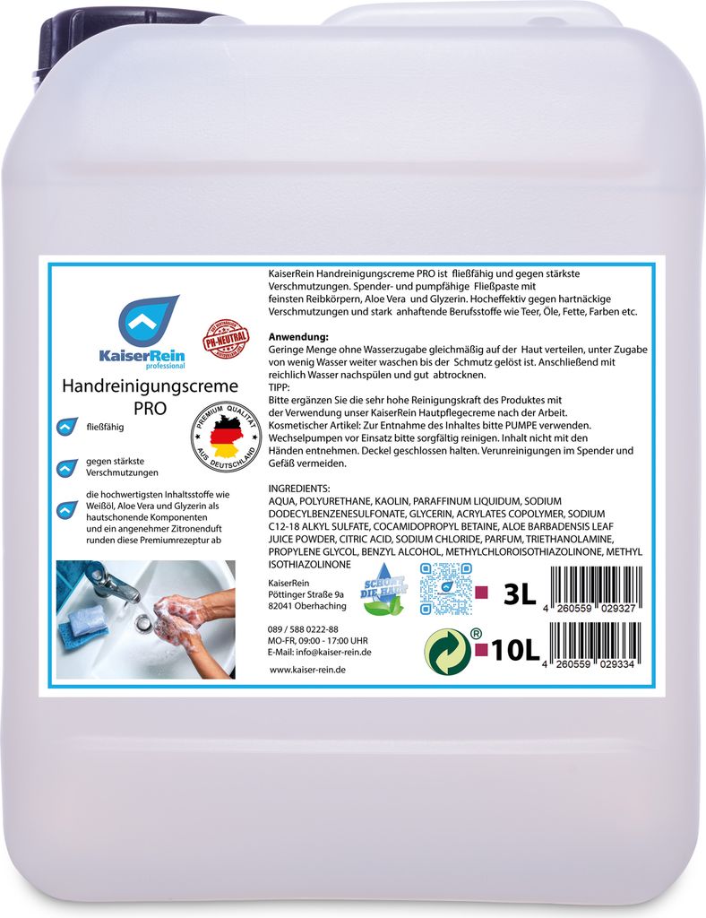 KaiserRein Nachfüllkanister 10 L für Handreinigungscreme PRO 3 L Eimer I Kanister Seife I Handwaschpaste I gegen stärkste Verschmutzungen