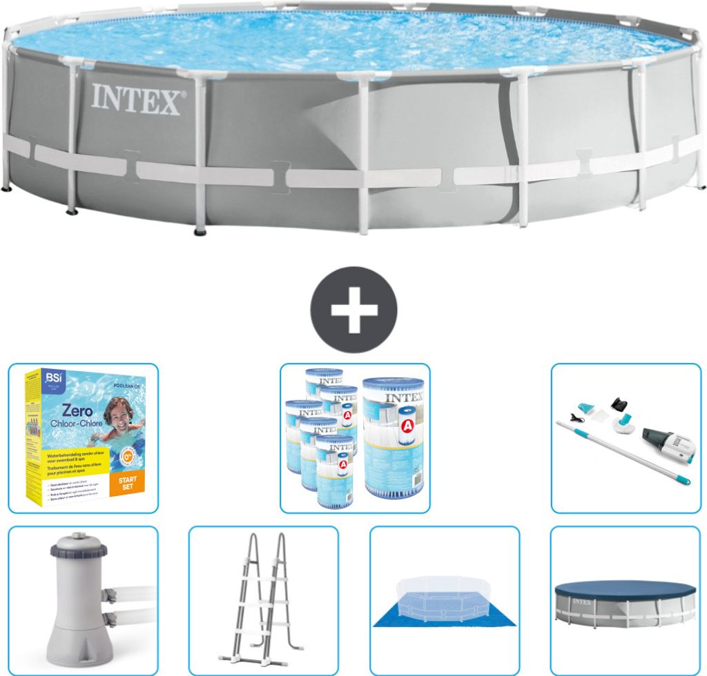 Intex Round Prism Frame Swimming Pool – 457 x 107 cm – Grau – inklusive Pumpe – Leiter – Bodenplane – Abdeckung Wartungspaket - Filter ...