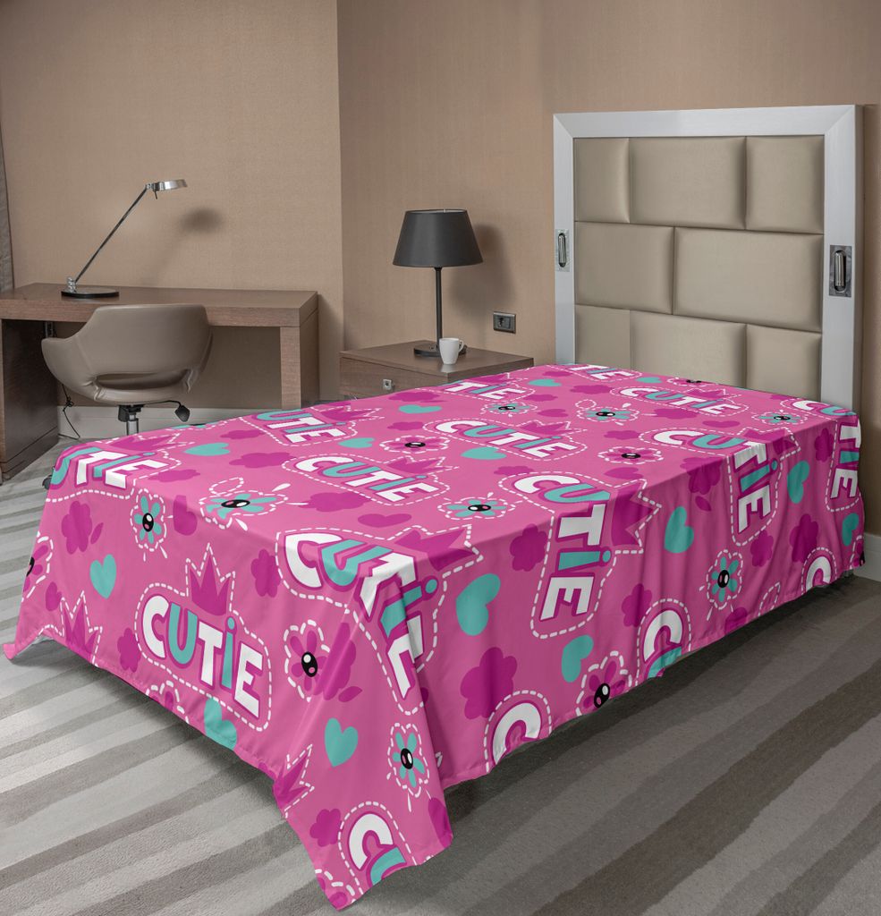 ABAKUHAUS Feminin Bettlaken, Cutie Schriftzug Mit Crown Pattern Und Flower Silhouette Artwork Illustration, weiches bequemes oberes Bettlaken für ...