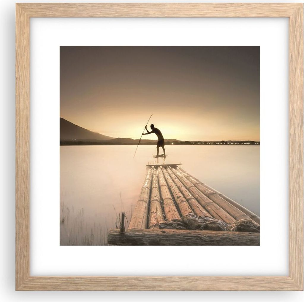 Gerahmtes Poster - Rahmen in heller Eiche - Floß Westen die Sonne - 30x30 cm - Wand Bild - Wanddeko - Wandbilder - Wandposter - Bilderrahmen - Bil...