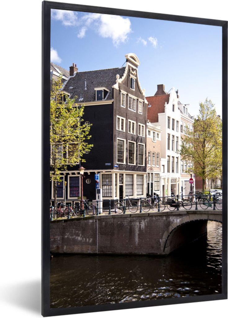 MuchoWow Gerahmtes Poster Grachtenhäuser in Amsterdam neben einer Brücke 40x60 cm - Poster mit Schwarzem Bilderrahmen Wandposter Rahmen Foto Bi...