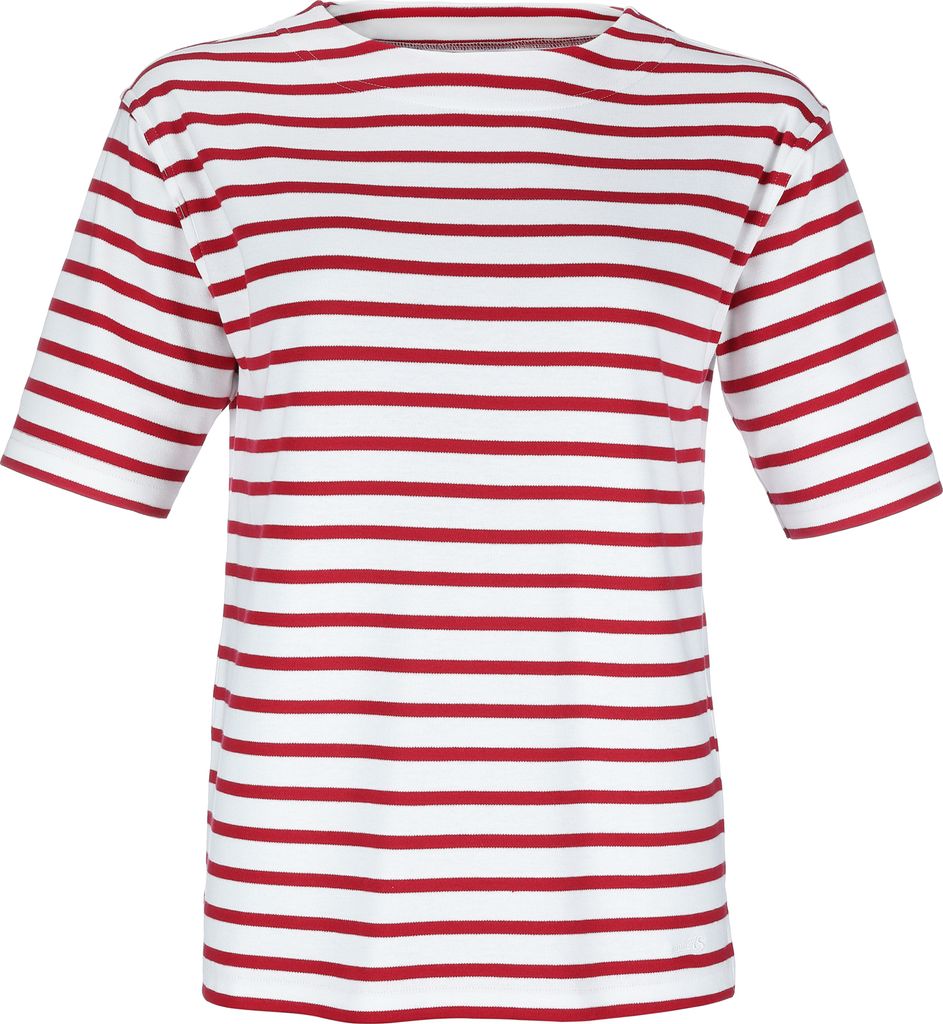modAS Bretonisches Damen-T-Shirt mit U-Boot Ausschnitt - Ringelshirt Kurzarm Basic Shirt Gestreift aus Baumwolle in Weiß/Rot in Größe 42