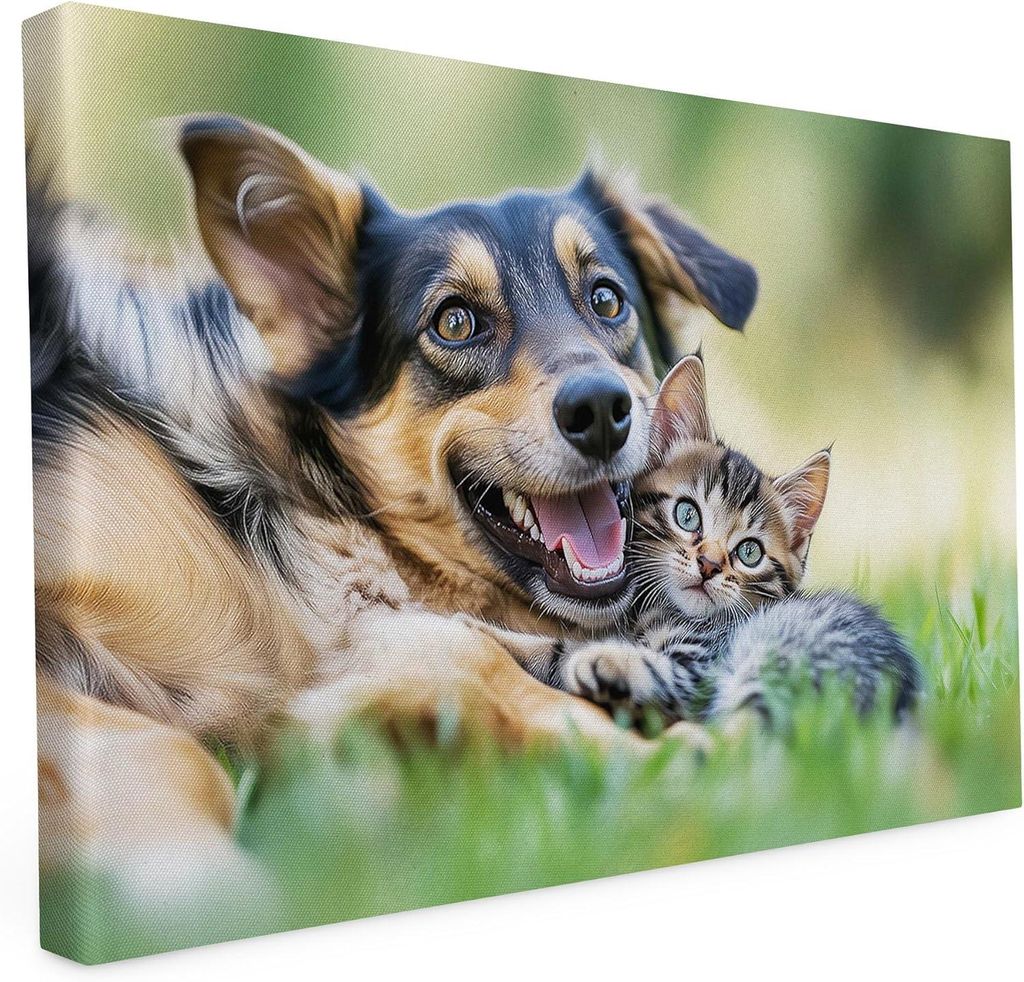 Keilrahmen - Double Trouble - 30x20 cm - Katzen und Hunde - Wandbild auf Künstler Leinwand – Hochwertiger Kunstdruck - 2cm Holzrahmen mit 280g C...