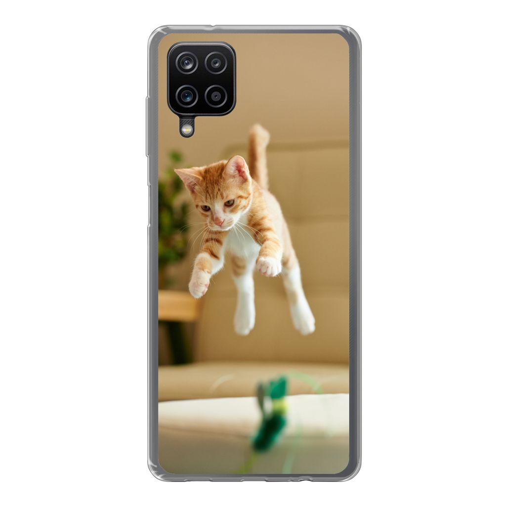 MuchoWow Handyhülle Schutzhülle Hülle für Samsung Galaxy A12 Katze - Springen - Spielzeug Silikon Softcase Handy Hülle - Bild