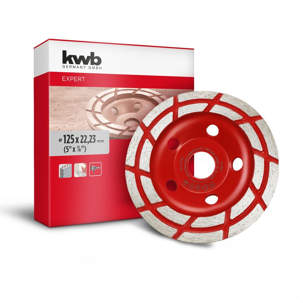 kwb Diamant-Schleiftopf, Diamant-Schleifteller (mit 2-reihigem Rand, Ø 125 mm, für Winkelschleifer, ideal für Beton mit Armierung, Putz, Estrich...