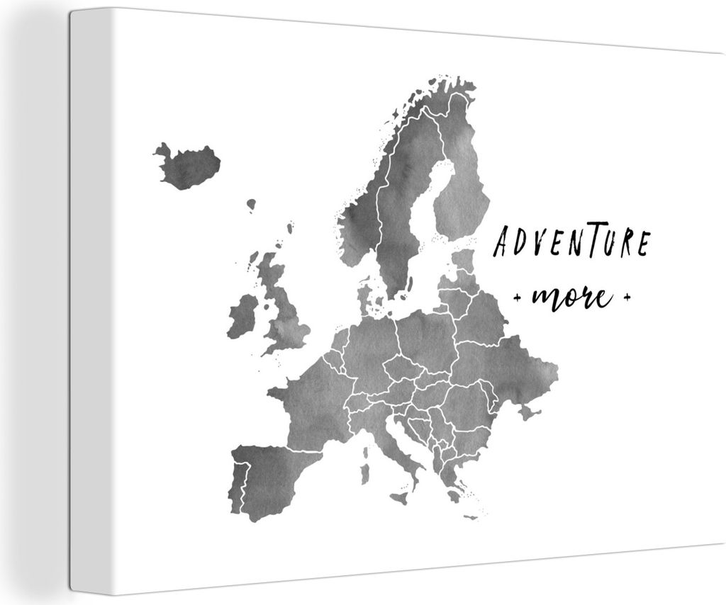 OneMillionCanvasses - Leinwandbilder - 150x100 cm, Eurocard in grauer Aquarellfarbe mit dem Zitat "Adventure more" - schwarz-weiß, Wandbilder Ku...