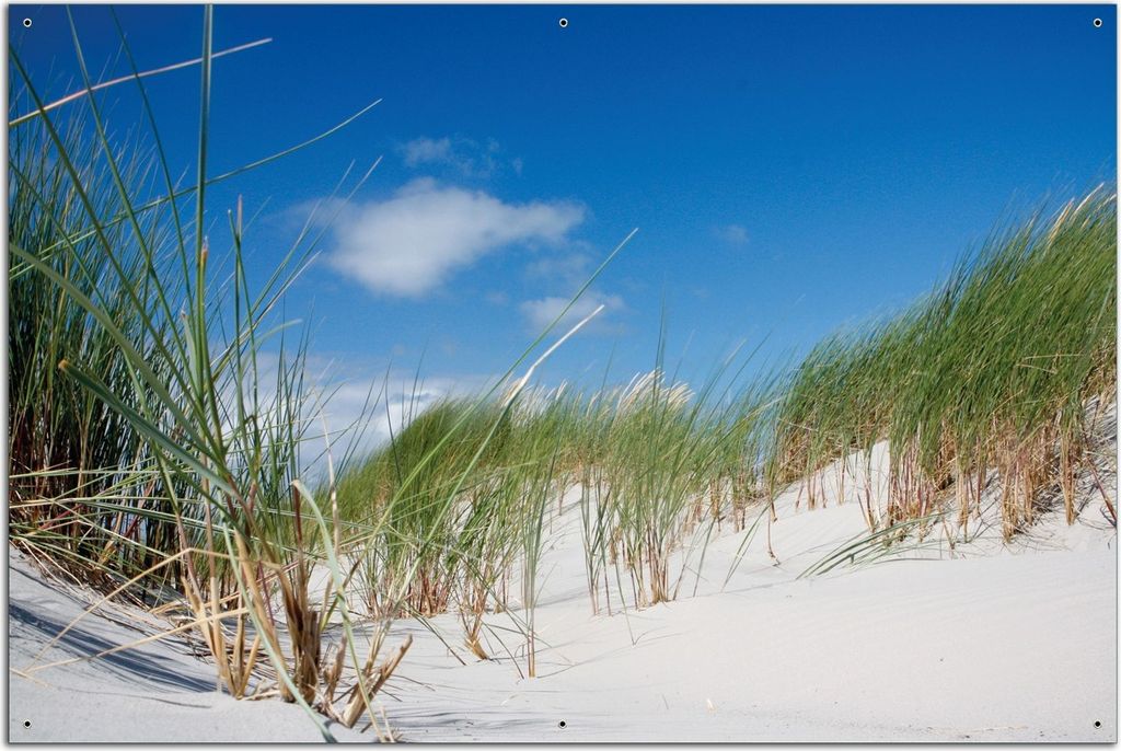 Wallario Outdoor-Poster für Garten oder Balkon, Motiv Düne am Strand unter blauem Himmel, in ca. 61 x 91,50 cm