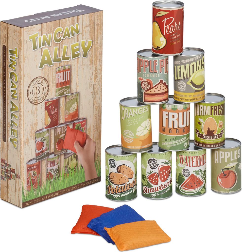 Relaxdays Dosenwerfen für Kinder, Büchsenwerfen Garten, 10 Blechdosen & 3 Säcke, Wurfspiel für Kindergeburtstage, bunt
