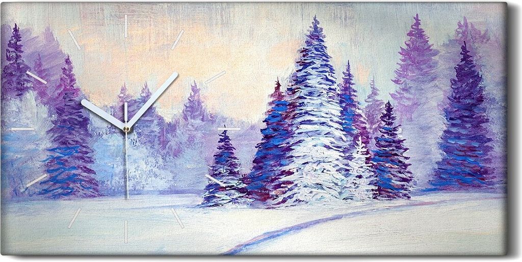 Wandbild Leinwand Bilder mit Uhr 60x30 Gemälde Winter Wald Bäume Schnee Natur - weiße Hände
