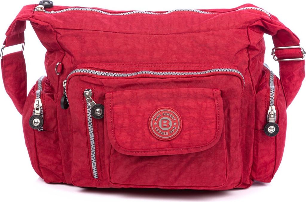 Bag Street Damenhandtasche Umhängetasche leicht aus Crinkle-Material Nylon mit vielen Fächern verstellbarer Schultergurt 34x24x17 cm Rot