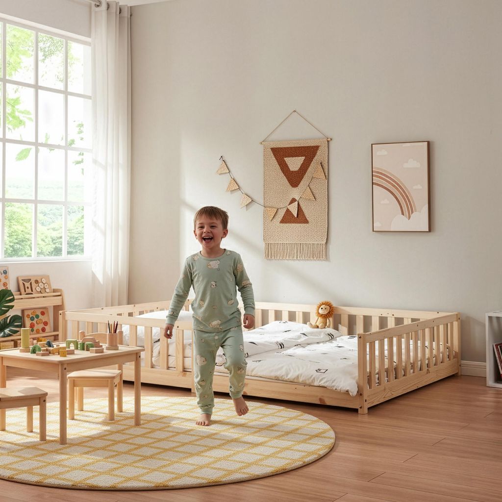 Kinderbett ’Tanna‘ Bodenbett 120 x 200 cm Montessori Bett mit Rausfallschutz Kiefernholz Natur