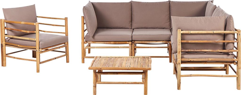 BELIANI Lounge Set 3-Teilig Hellbraun u. Taupe Bambusholz 5-Sitzer Ecksofa mit Sessel Couchtisch 15 Kissen Garten Terrasse Outdoor Ausstattung