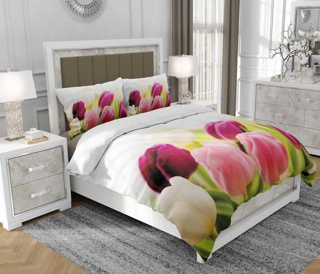 Bettwäsche 200x220 cm + 2x70x80 cm, 3-teilig, 100% Baumwolle, Satin, Reißverschluss, Tulpen, Bunt - SOVIO | So.0136