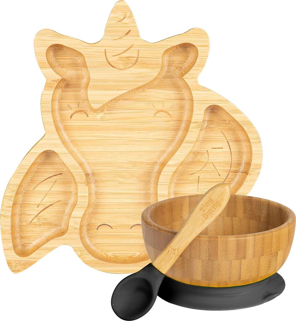 Tiny Dining Kinder Bambus Einhorn Teller, Schüssel und Löffel mit Saugnäpfen - Segmented Entwurf, umweltfreundlich - Schwarz