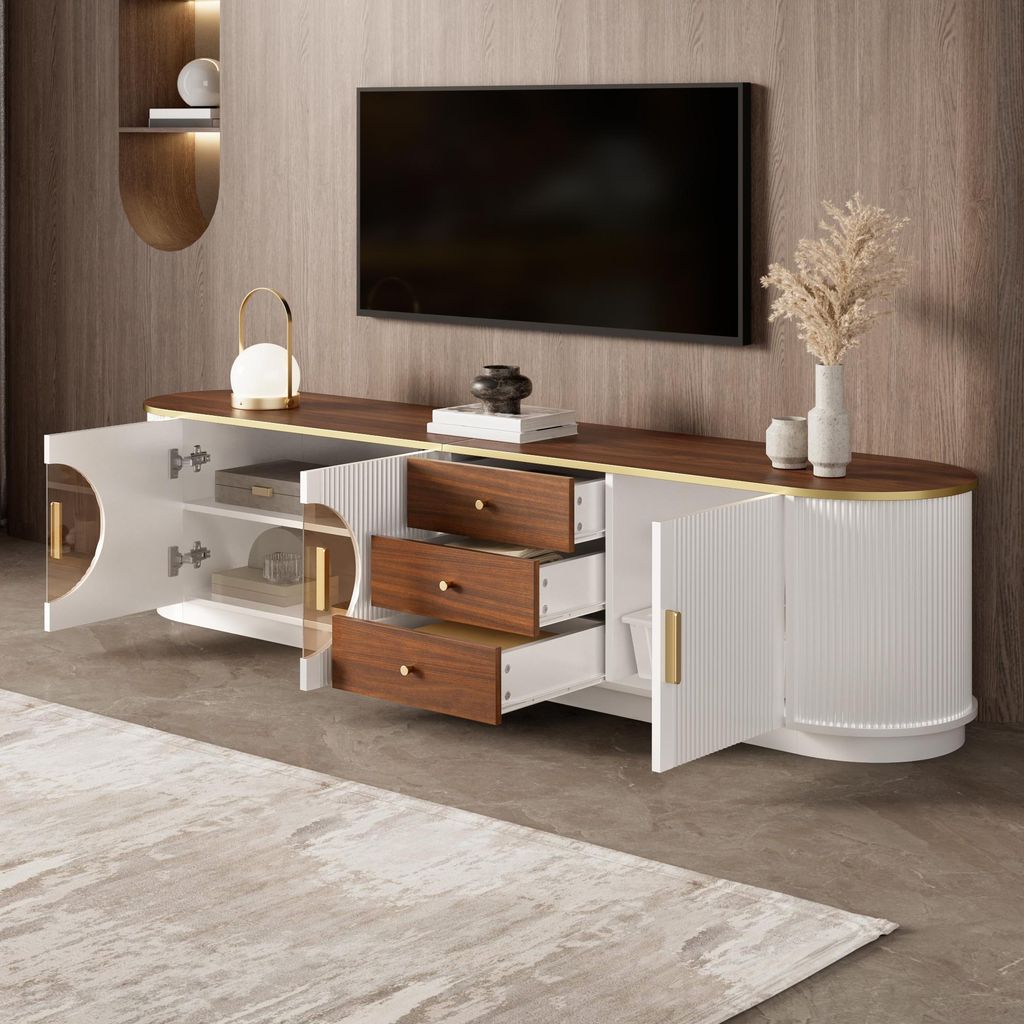 STILVORA TV-Schrank mit braunem Glas und Aluminiumgriffen, Fernsehschrank mit abgerundeten Kanten, TV-Lowboard mit vertikaler Rillenoptik