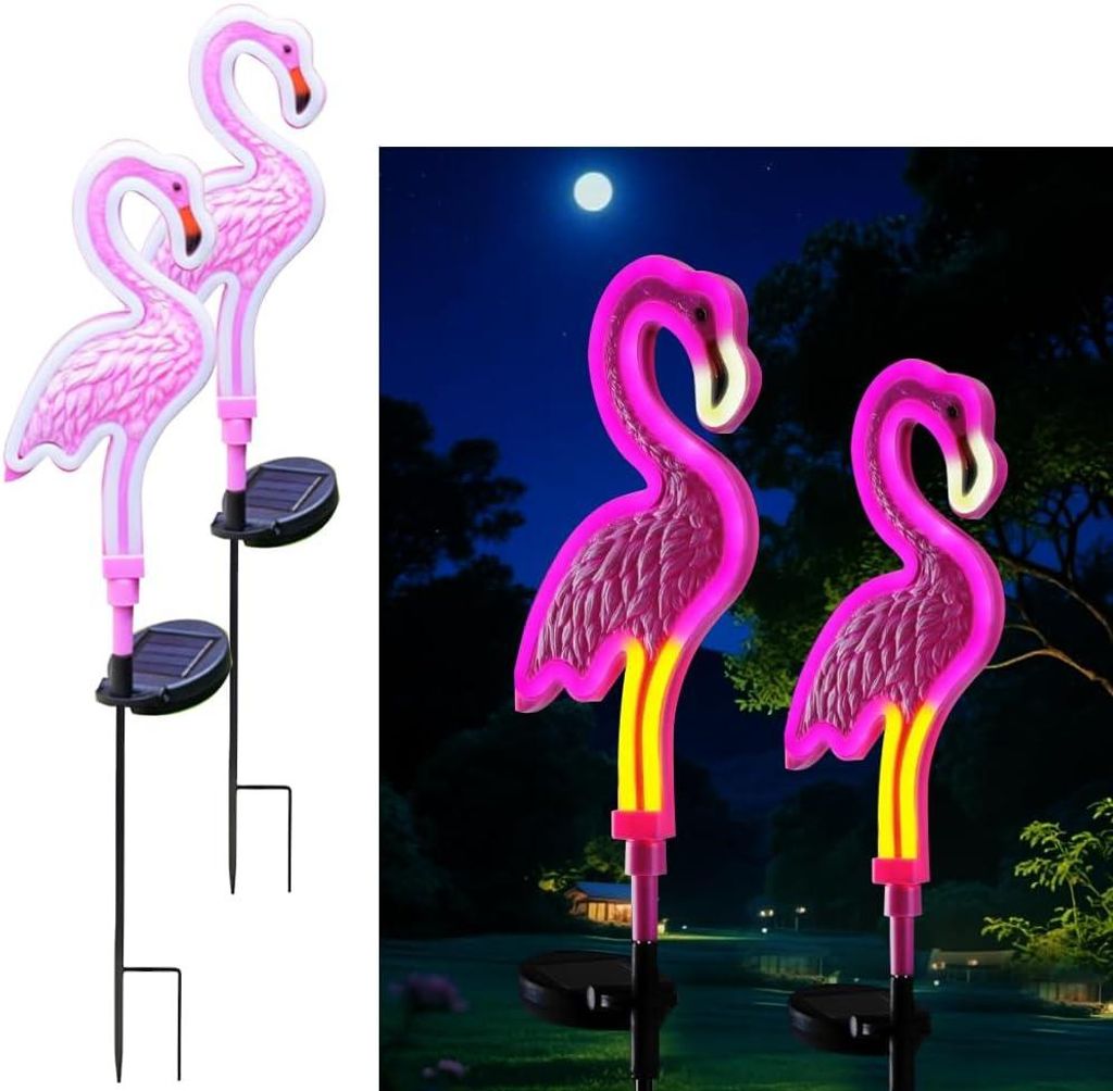 2er Set Solar Gartenleuchten Flamingo LED, wasserdicht Outdoor Licht mit Erdspieß, automatisches Licht bei Dämmerung, langlebig für Garten & Weg
