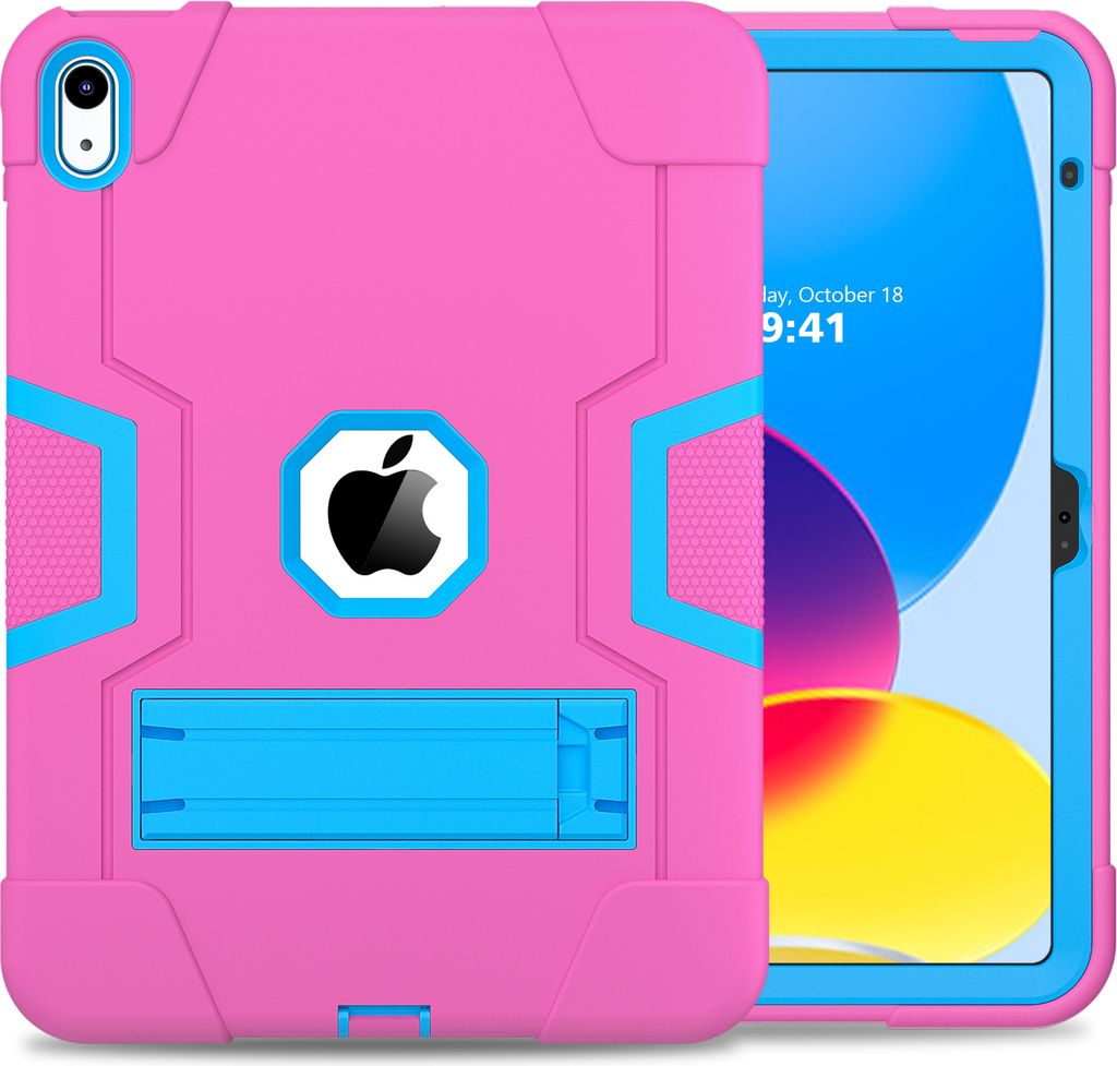 Hülle für iPad 10th Gen 2022 10,9 Zoll Hybrid Dreilagige Robust Stoßfest Schwerlast Schutzhülle mit Ständer Rosa Blau