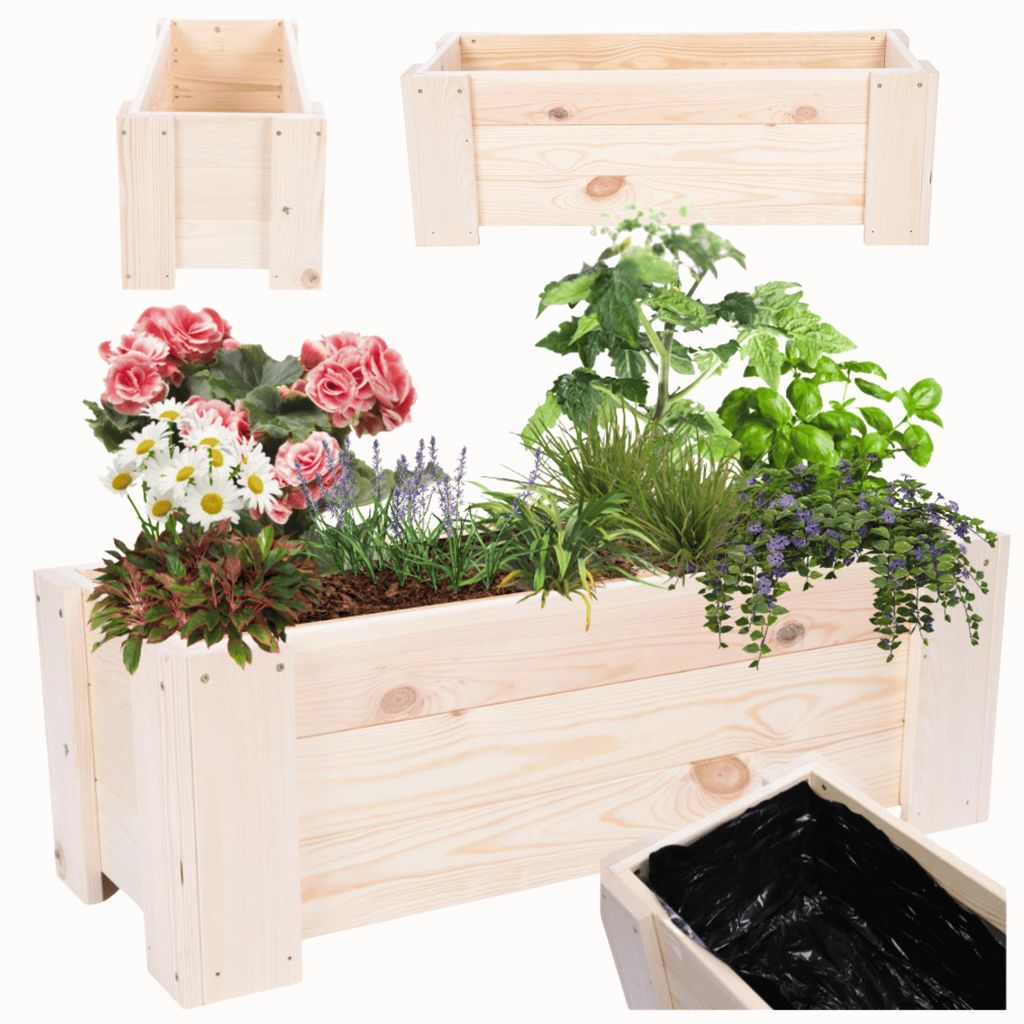 MODO24 Pflanzkübel Holz, Pflanzkasten, Blumenkasten, Kiefer, Schutzfolie, Wetterfest, Balkon, Garten, 30x60x33 cm, Natur unbehandelt, RDZP