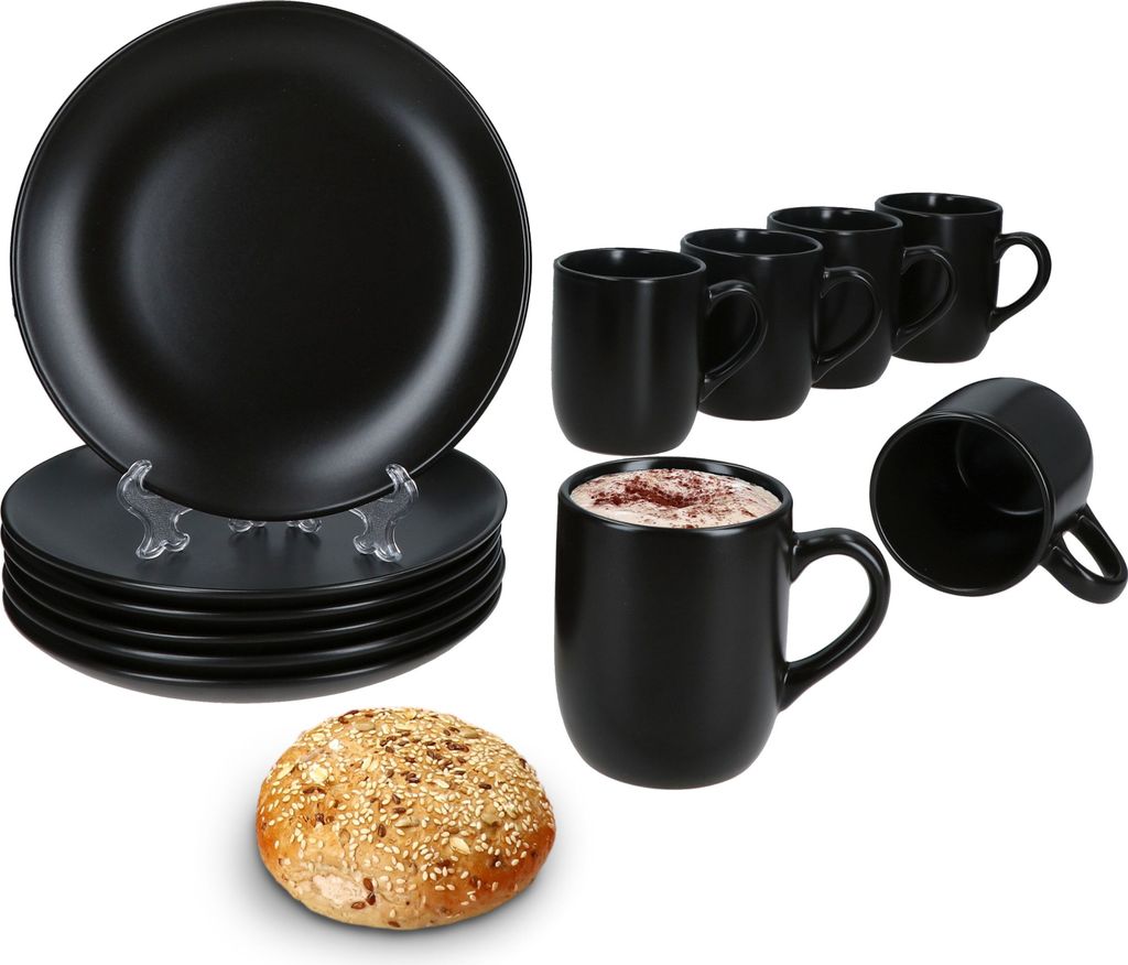 12tlg Frühstücksset Panther Steingut schwarz 6 Personen Teller Kaffeebecher