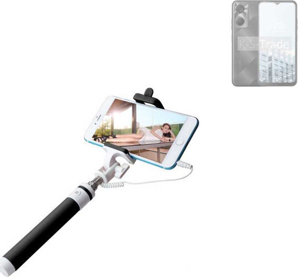 K-S-Trade Selfie Stick kompatibel mit Tecno Pop 6 Pro Selfiestick kabelgebunden Monopod mit Kabel Stab Stange Selfportrait Handheldstick schwarz 1x