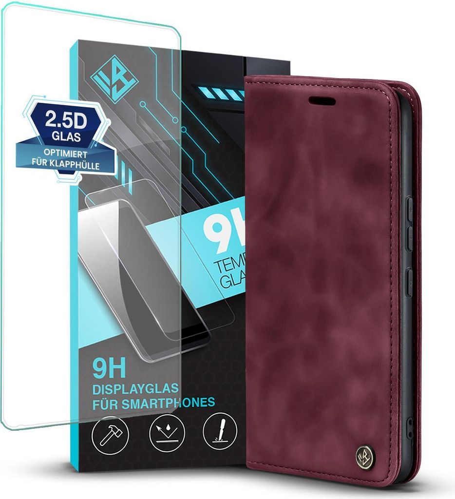 Handy Hülle für Xiaomi Redmi 10C mit 9H Displayglas Klapphülle Bookcase Flip Cover Handy Tasche Etui Farbe: Weinrot