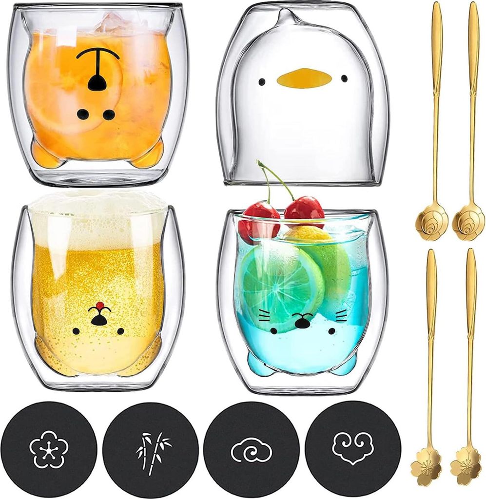 4 Stück Doppelwandige Isoliergläser mit Löffel und Untersetzer für Kaffee, Tee, Getränke, Espresso, Milch, Whisky - Kreatives Tassen Geschenk