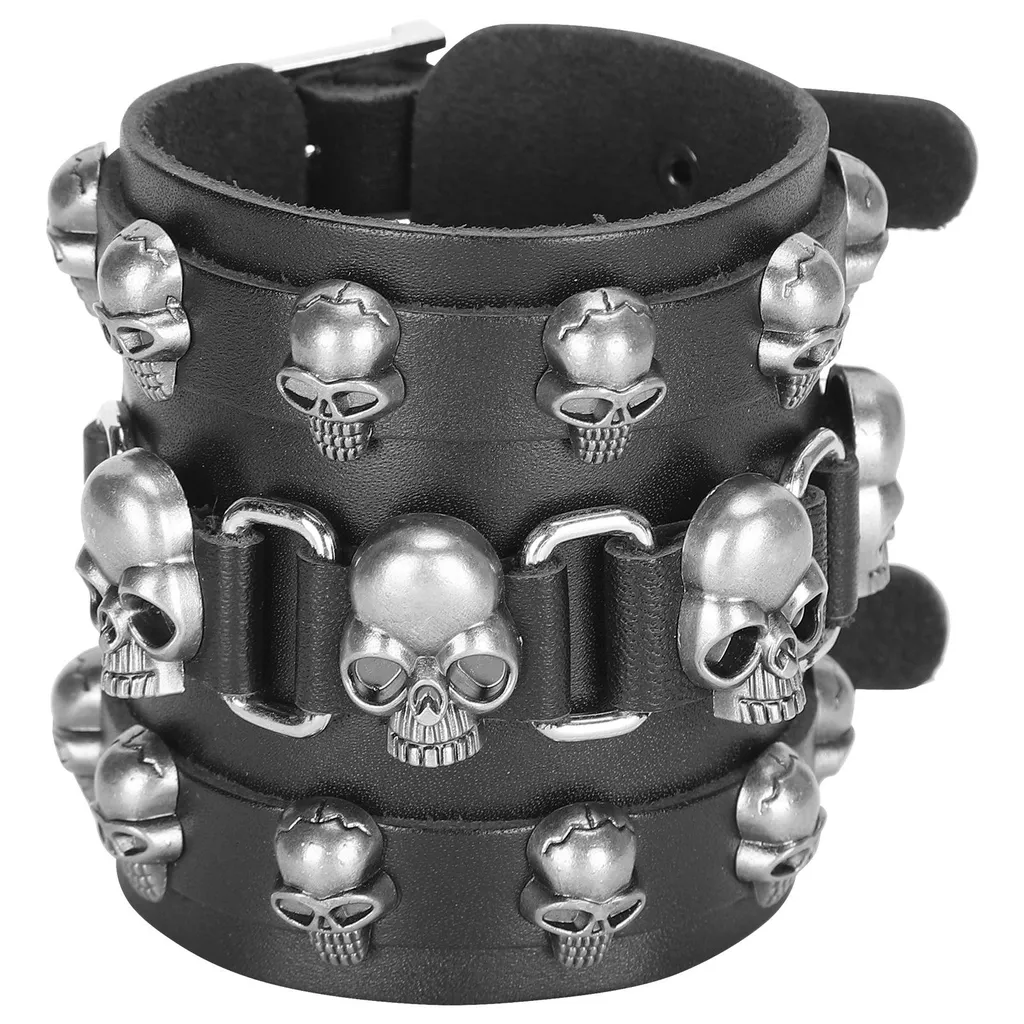 Bracciale Vintage in Cuoio Intrecciato a Mano | Teschio e Fibbia