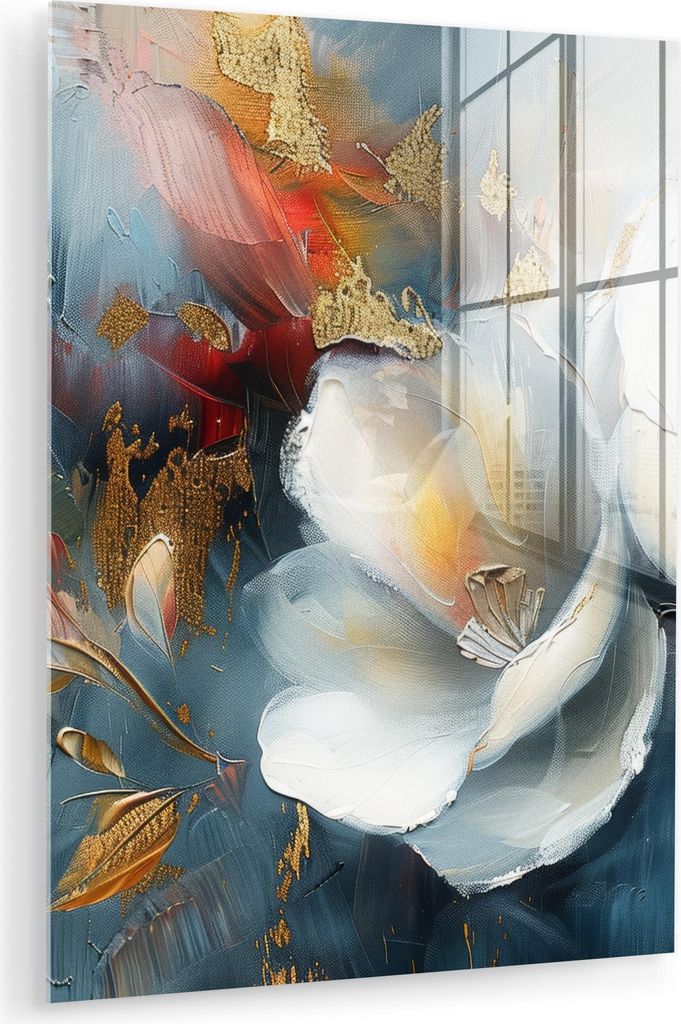 MuchoWow Glasbilder - Bilder auf Wandbild - Foto auf Glas Blumen - Weiß - Gold - Kunst - Abstrakt 30x40 cm Wanddekoration aus Glas - Acrylglasbild...